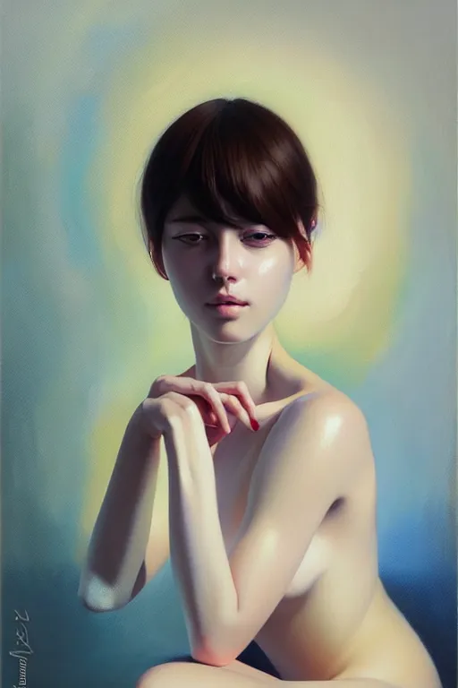 Image similar to a ultradetailed beautiful portrait panting of a stylish woman sitting in a bath, she is wearing a white shirt with a tie, oil painting, by ilya kuvshinov, greg rutkowski and makoto shinkai