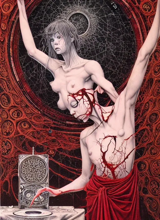 Image similar to realistic detailed image of a nurse performing an occult ritual in an old soviet public bathroom by Ayami Kojima, and Mark Brooks, Neo-Gothic, gothic, rich deep colors. Beksinski painting. art by Takato Yamamoto. masterpiece. ultra details, high quality, high resolution .