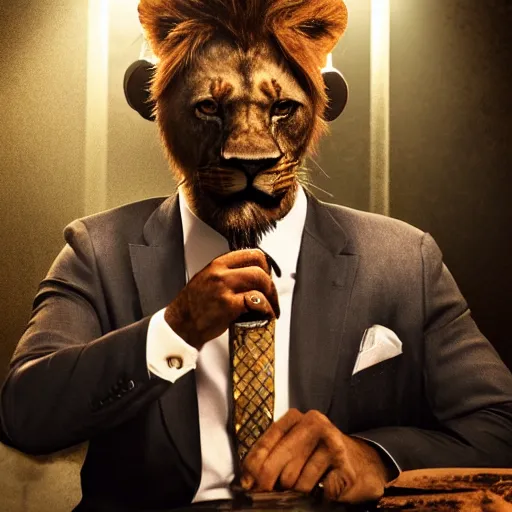 Image similar to a lion smoking a cigar wearing a suit, subject= lion, subject detail: wearing a suit, subject action: smoking a cigar, dramatic lighting, cinematic lighting, establishing shot, photorealistic, high details, cinematic, 8k resolution, extremly detailed, photorealistic, artstation, unreal engine