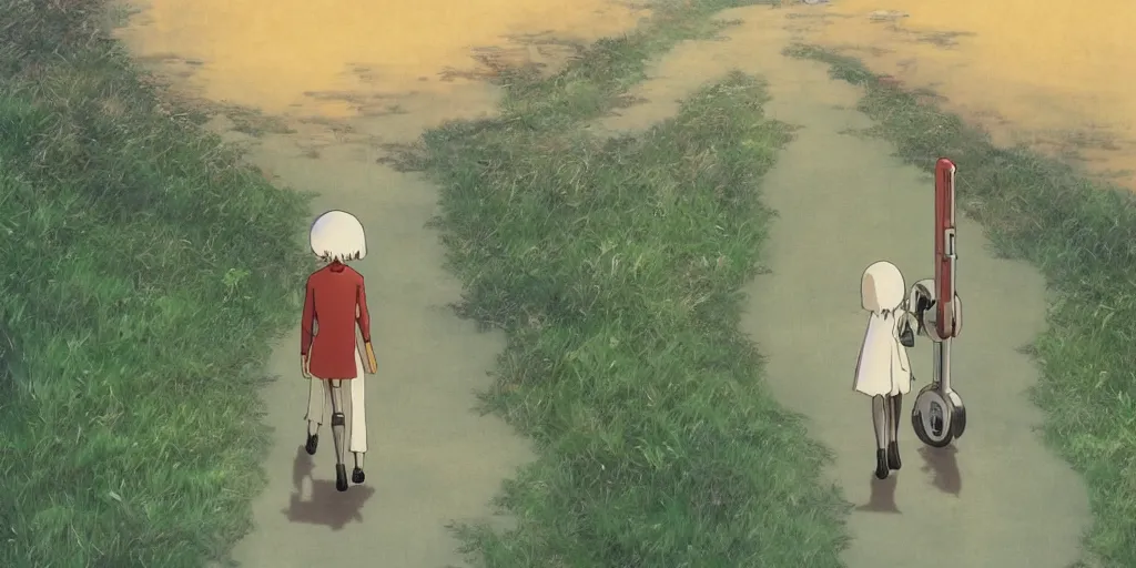 Image similar to A robotic pilgrim with very long legs walking along an empty path, anime style, art by Hayao Miyazaki, art by Studio Ghibli