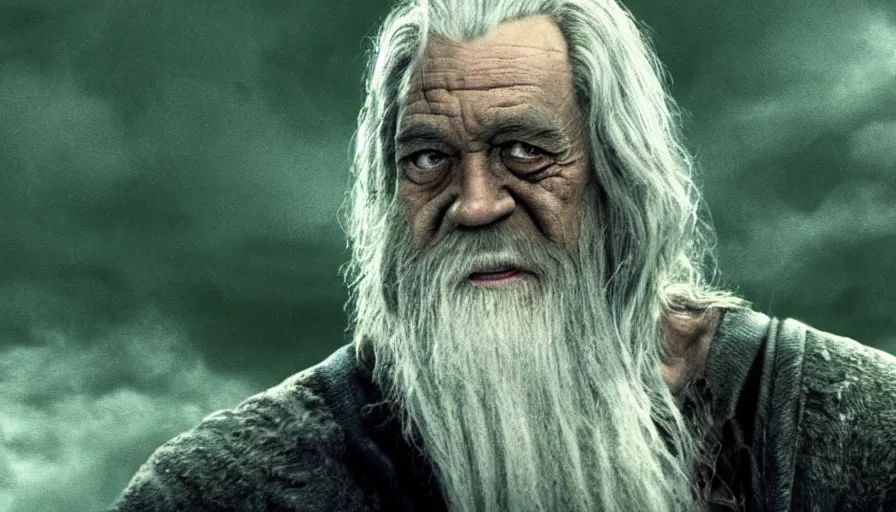 Image similar to the hulk starring as gandalf in lord of the rings, staff, white beard,, cnn news footage.