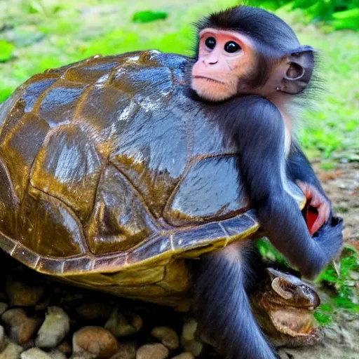 Image similar to a monkey sitting on the back of a turtle