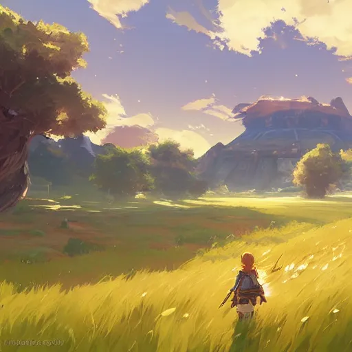 Prompt: landscape of a field. clean sharp digital art, environment concept art, by rossdraws, ghibli, breath of the wild, greg rutkowski