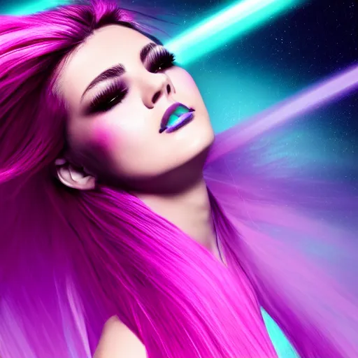 Image similar to a award winning action upper body portrait of a beautiful woman with a ombre purple pink hairstyle with head in motion and hair flying, choker, outrun, vaporware, vivid colors, highly detailed, fine detail, intricate