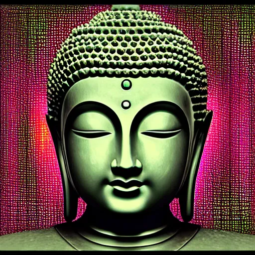 Image similar to robotic lifeform buddha meditating in front of a beautiful fractal neural network :: photo-realistic