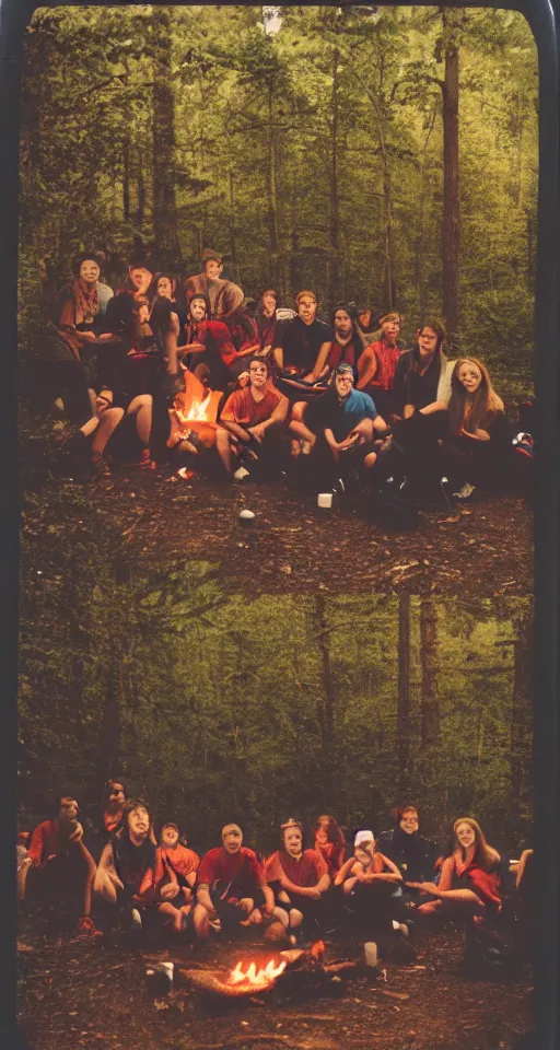 Image similar to polaroid photo of 9 0's highschool teenagers camping in the woods by a river holding red cups, sunset, campfire, realistic, grainy image, iso 1 6 0 0, blurred