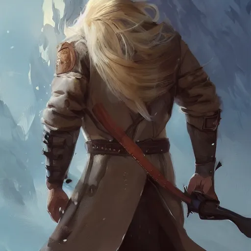 Image similar to portrait of a muscular, grim, ponytail haired blonde man in his late 30's, wearing a thick brown leather coat, looking to his side, hunter, DnD character, fantasy character, digital art by Ruan Jia, Krenz Cushart, Rossdraws and Boris Vallejo