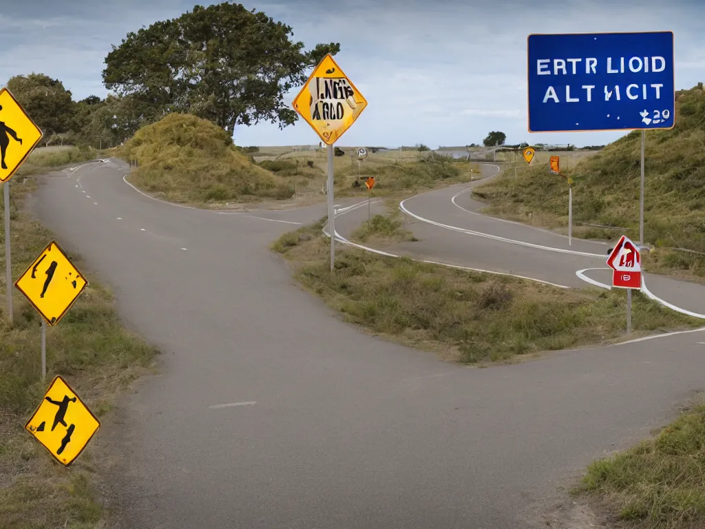 Image similar to confusing road signs, 8k resolution, ultrarealistic