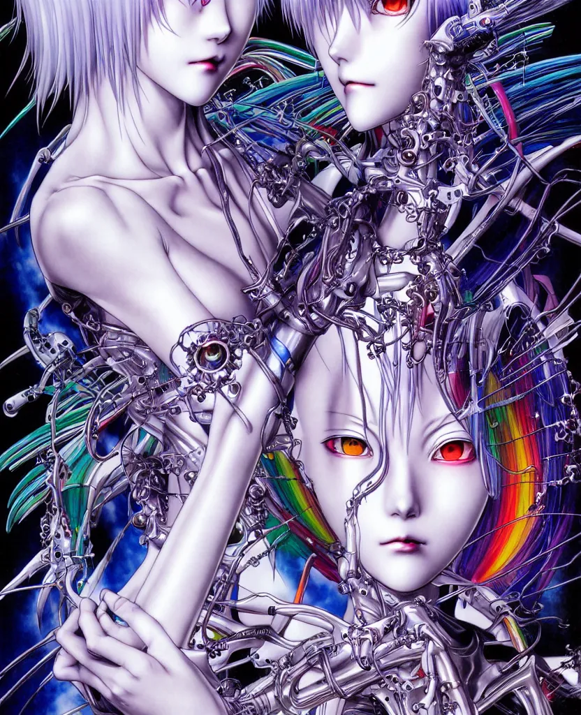 Image similar to realistic detailed image of ultra mega rainbow realistic detailed female character rei ayanami symmetrical depth perception masterpiece depth of field action horror gothic vivid colors art by yoshitaka amano by yukito kishiro by yoshiyuki sadamoto by artgerm by hajime sorayama