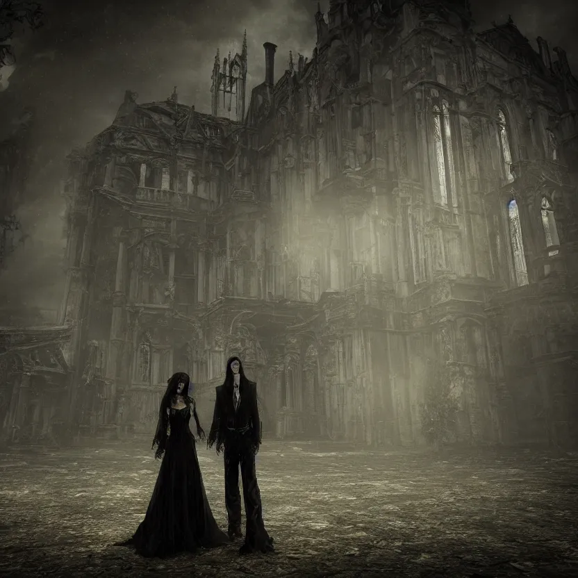 Image similar to A Gothic couple of jewels in an empty land, dark romance, dark and mysterious, atmospheric, ominous, eerie, cinematic, Epic, 8k, 4k, ultra detail, ultra realistic, rendered by awesomeness