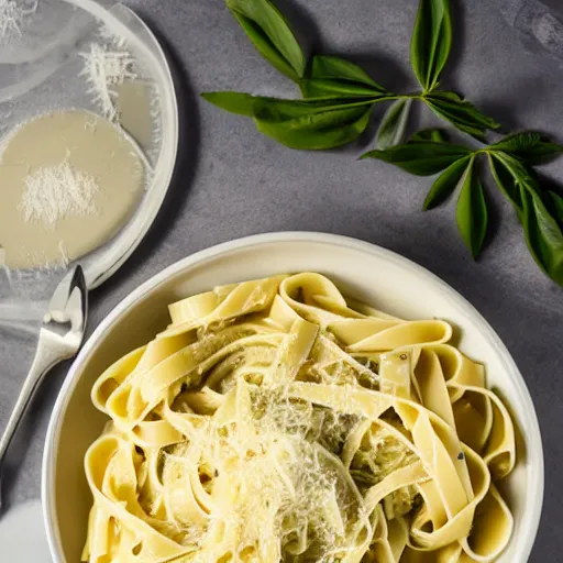 Prompt: a creamy fettuccine pasta in a parmesan cheese wheel,olive oil, food photography