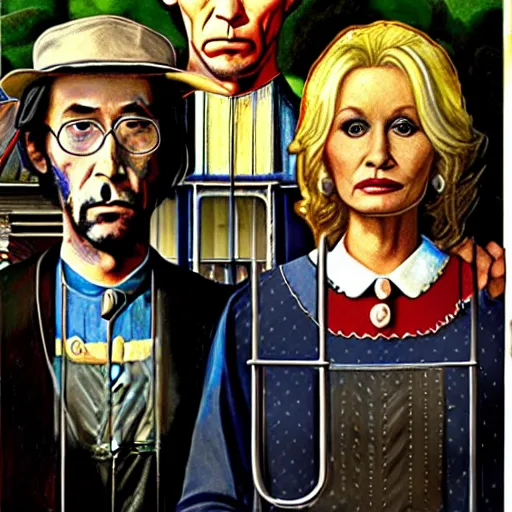 Image similar to American Gothic, with Keanu Reeves and Dolly Parton, by MARVEL comics and Sandra Chevrier, 8k