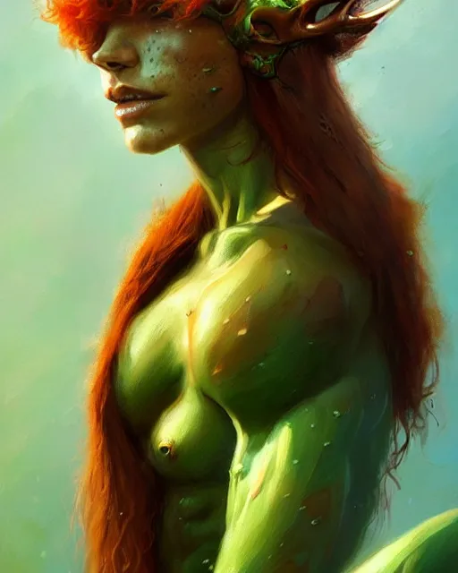 Prompt: muscular female druid, perfect face, thin antlers, green halter top, ginger hair, abs, cinematic, freckles, stunning, athletic, strong, agile, highly detailed, psychedelic, digital painting, artstation, smooth, hard focus, illustration, art by jessica rossier and and brian froud