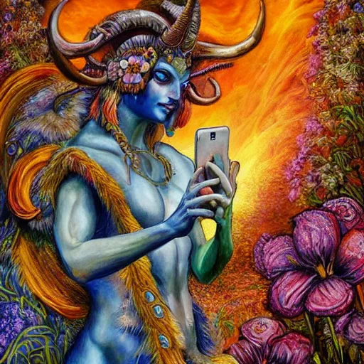 Image similar to horned ram goddess, checking her cell phone, painting by josephine wall, erupting volcano in distance, sunset, flowers in foreground, zodiac, fantasy acrylic on canvas, intricately detailed, highly detailed, high resolution, hdr, 8 k, by senior concept artist, trending on artstation