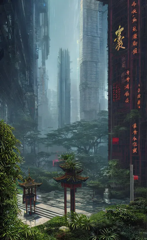 Prompt: chinese style temple in front of cyberpunk skyscrapers, hyper realistic, lush gnarly plants, 8 k, denoised, by greg rutkowski, tom bagshaw, james gurney cinematic lighting