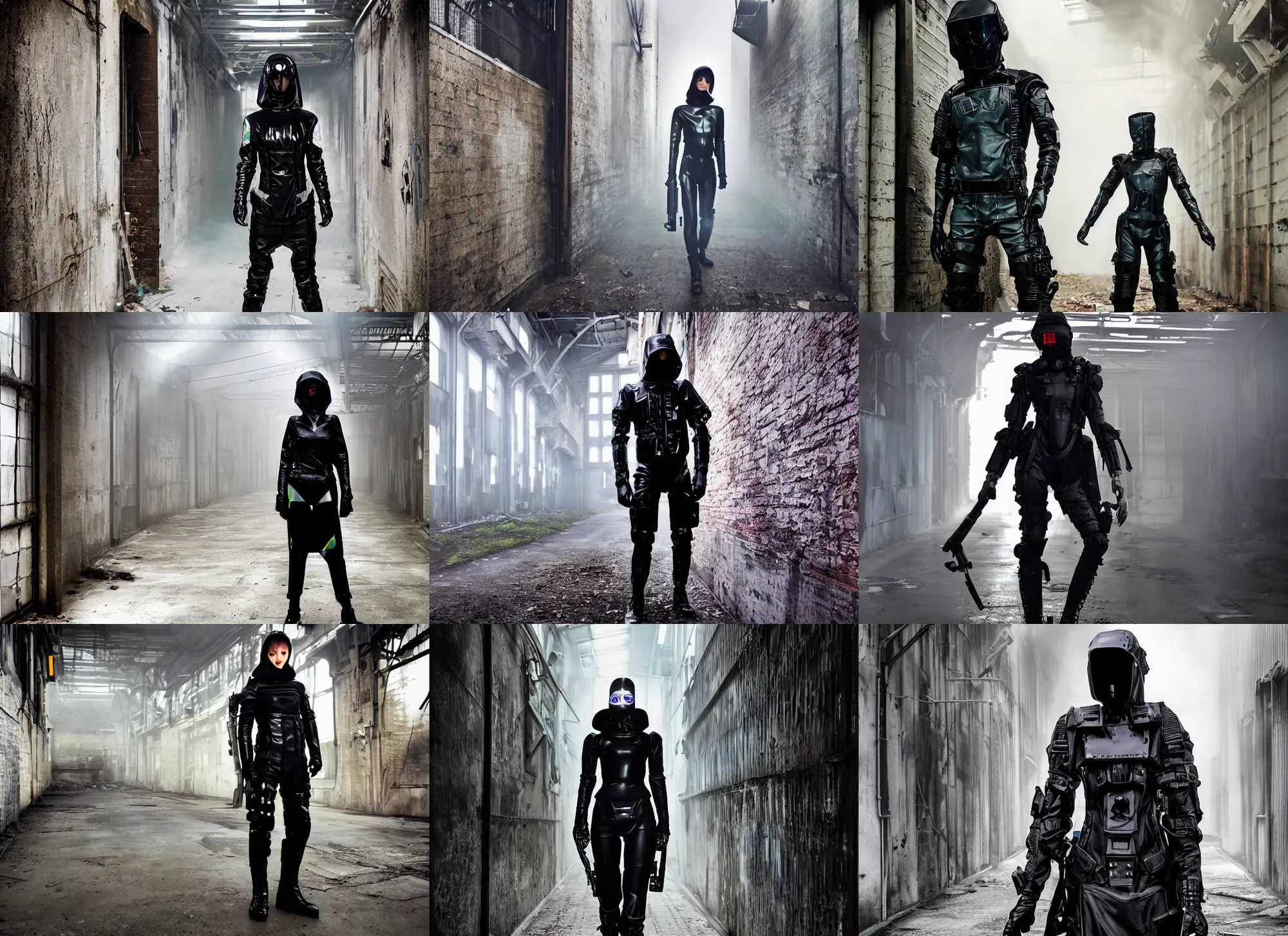 Prompt: beautiful fashion model with white sci - fi tactical gear, black leather garment, hologram sci - fi hood, full shot fashion photography, misty alleyway, abandoned factory, battle ready, acid color light, by irving penn and storm thorgerson, ren heng, peter elson