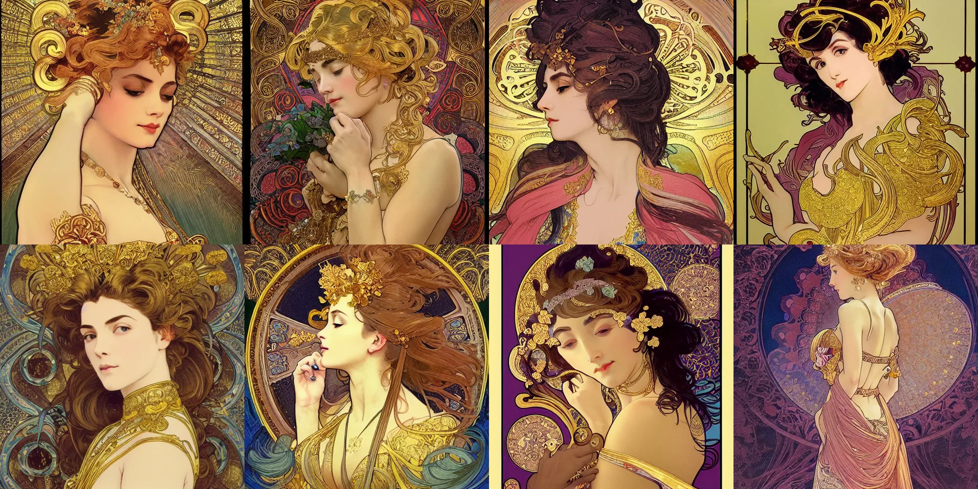 Prompt: Beautiful Women, gilding, gold leaf, detailed intricate ink illustration, heavenly atmosphere, detailed illustration, hd, 4k, digital art, overdetailed art, concept art, complementing colors, trending on artstation, Cgstudio, the most beautiful image ever created, dramatic, subtle details, illustration painting by alphonse mucha and frank frazetta daarken, vibrant colors, 8K, style by Wes Anderson, award winning artwork, high quality printing, fine art, gold elements, intricate, epic lighting, very very very very beautiful scenery, 8k resolution, digital painting, sharp focus, professional art, atmospheric environment, art by artgerm and greg rutkowski, by simon stålenhag, rendered by Beeple, by Makoto Shinkai, syd meade, 8k ultra hd, artstationHD, 3d render, hyper detailed