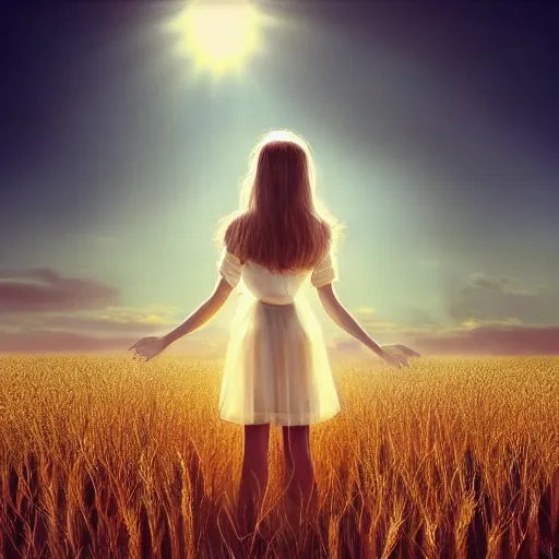 Image similar to close-up shot, a beautiful painting of a girl in a airy semi-transparent thin light dress standing in the glowing wheat fields, mystical setting, afternoon sun, long shadows, photo from the back, by Mark Ryden, artgerm, Bekzinski, WLOP, Felix Kelly and Ross Tran, trending on artstation