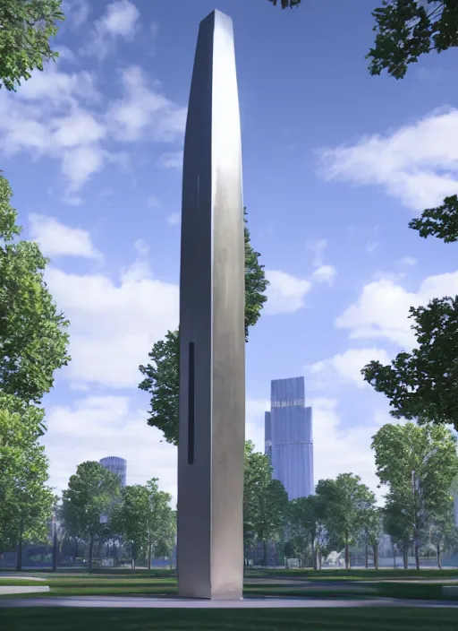 Image similar to highly detailed architecture render of a huge futuristic metallic stele standing in city park, archdaily, made in unreal engine 4