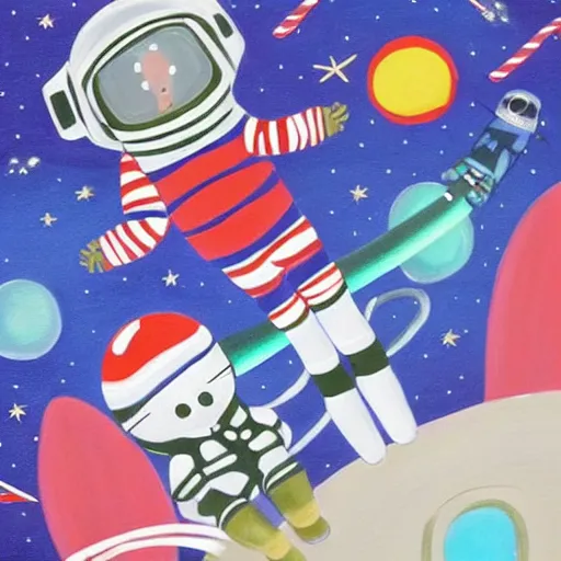 Prompt: painting of astronaut cat in space, candy canes in space, candy cane asteroid belt, candy canes flying in space, cat in astronaut suit in space, cat astronaut avoiding candy cane asteroids, astronaut cat