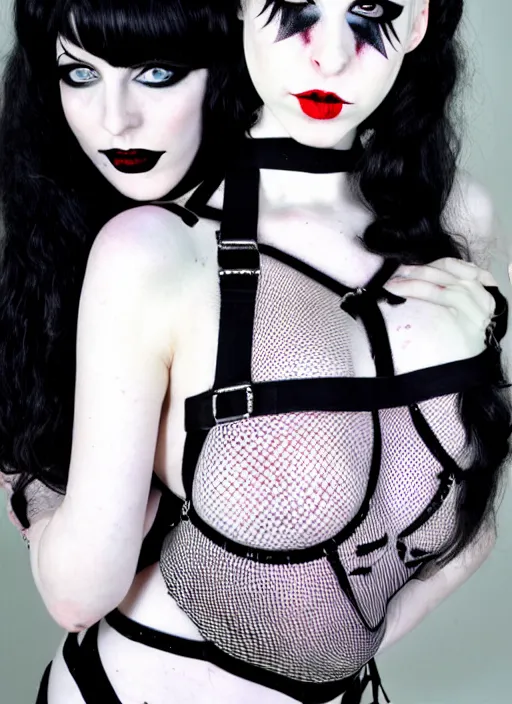 Image similar to two beautiful pale skin cosplay goth girls, worksafe fishnet harness with choker, fully clothes on, light gray eyes, big red lips, black hair, fully tattooed body, fishnet clothes, beautiful detailed face, paint by frank frazetta and greg staples