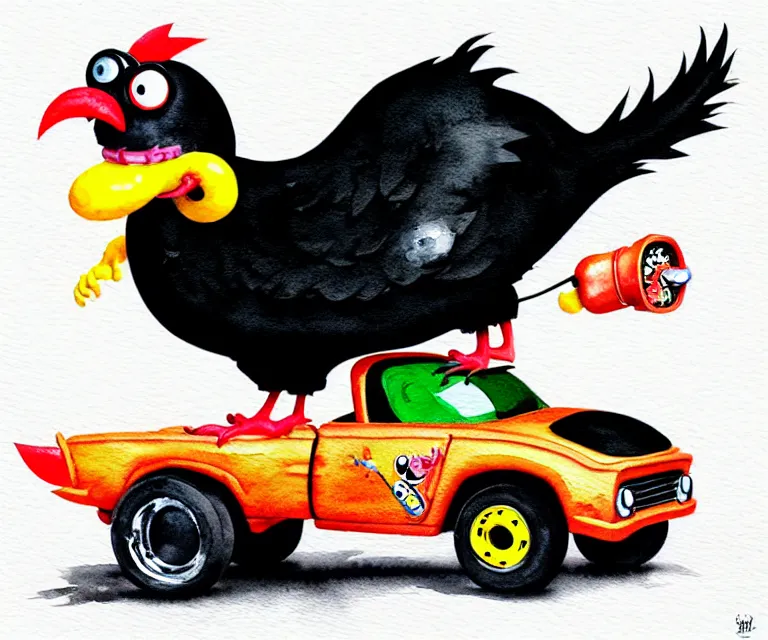 Prompt: cute and funny, black chicken wearing goggles driving a tiny hot rod with an oversized engine, ratfink style by ed roth, centered award winning watercolor pen illustration, isometric illustration by chihiro iwasaki, edited by craola, tiny details by artgerm and watercolor girl, symmetrically isometrically centered