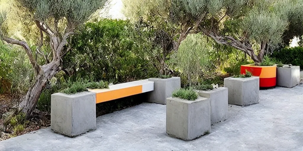 Image similar to creative concrete benches, colorful, olive trees, decking