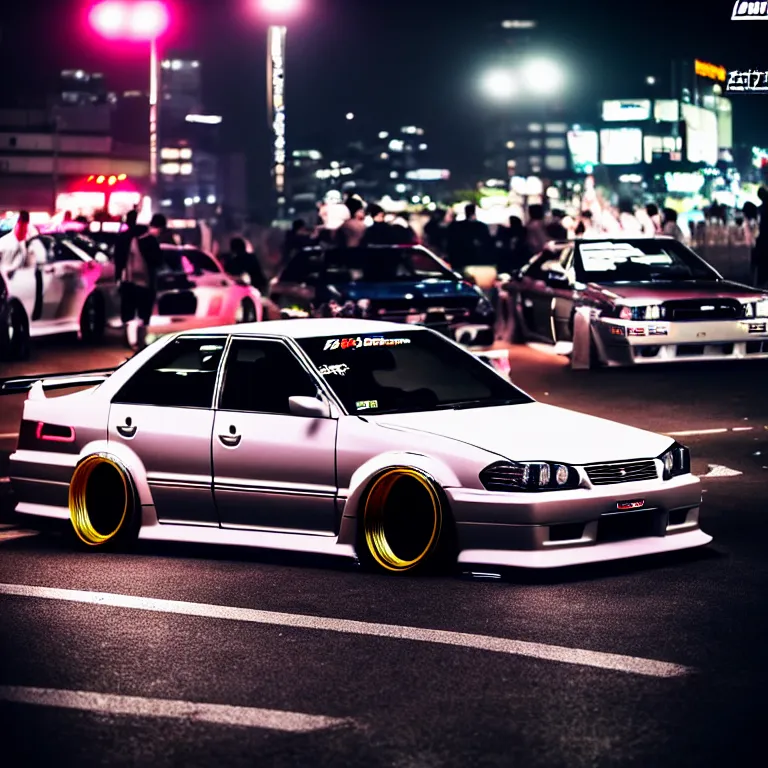 Image similar to a car JZX100 twin turbo drift at illegal car meet, Shibuya prefecture, city midnight mist lights, cinematic lighting, photorealistic, highly detailed wheels, high detail