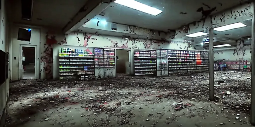 Image similar to abandoned replicant factory in a convenience store, damaged camcorder video