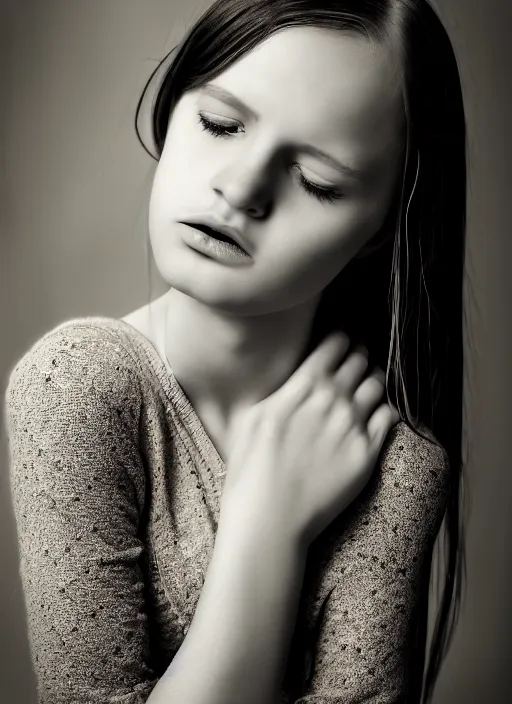 Image similar to emotiona fashion portrait photography of a young fragile and beautifull girl by julia hetta