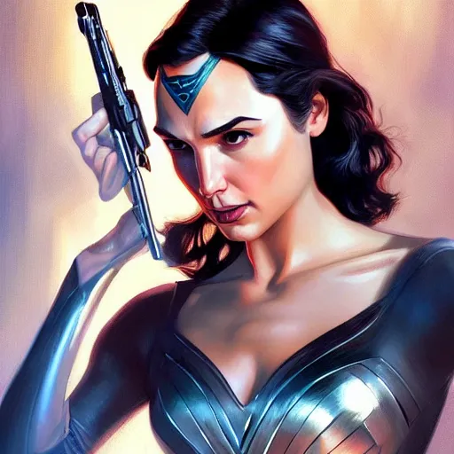 Image similar to gal gadot as james bond, portrait, highly detailed, digital painting, artstation, concept art, sharp focus, illustration, art by artgerm and greg rutkowski and alphonse mucha