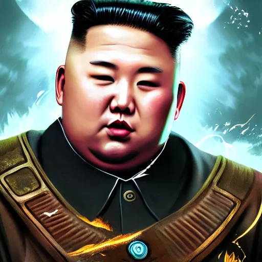 Image similar to portrait of kim - jong un as a spellcaster and mage, league of legends amazing splashscreen artwork, gears of war, splash art, natural light, elegant, photorealistic facial features, intricate, fantasy, detailed face, atmospheric lighting, anamorphic lens flare, cinematic lighting, league of legends splash art, hd wallpaper, ultra high details by greg rutkowski