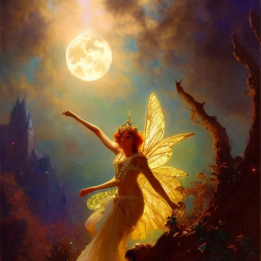 Image similar to attractive fairy queen fly high in the night, fantasy, full moon in background. hyper detailed painting by gaston bussiere, craig mullins, j. c. leyendecker, mid shot, 8 k, cryengone, cinematic lighting, beautiful,