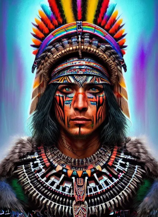 Image similar to portrait of jensen ackle, hyper detailed ultra sharp aztec shaman warrior. trending on artstation, warpaint aesthetic, bloodwave, colorful, psychedelic, ornate, intricate, digital painting, concept art, smooth, sharp focus, illustration, art by artgerm and greg rutkowski and h. r. giger, 8 k