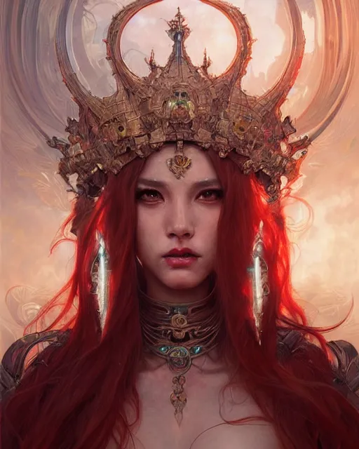 Prompt: concept art by artgerm, super attractive i robot demon queen with crown and red eyes, soft natural light, intricate, elegant, highly detailed, digital painting, artstation, concept art, smooth, sharp focus, illustration, art by by gaston bussiere and greg rutkowski and alphonse mucha and uang guangjian and gil elvgren, symmetry!!