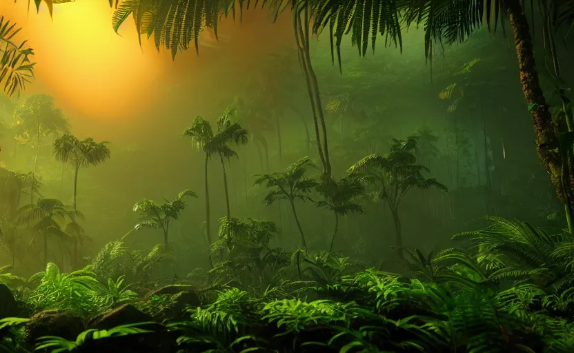 Image similar to a beautiful render of a prehistoric rainforest, lush flora, dark green, orange, intricate detail, sunset, hazy, volumetric lighting, 8 k, photorealistic, raytracing effects, unreal engine 5