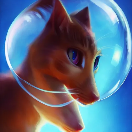 Image similar to cinematic portrait of cute Mew riding large blue bubble, oil on canvas, masterpiece, trending on artstation, featured on pixiv, cinematic composition, dramatic pose, beautiful lighting, sharp, details, hyper-detailed, HD, HDR, 4K, 8K