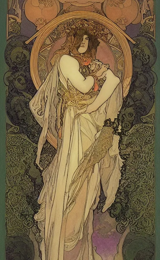 Image similar to the chariot, tarot, beautiful border, by alfons maria mucha, highly detailded