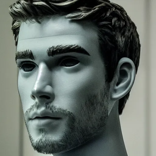 Image similar to “ a realistic detailed photo of a guy who is an attractive humanoid who is half robot and half humanoid, who is a male android, actor liam hemsworth, shiny skin, posing like a statue, blank stare, at the museum, on display ”