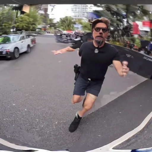 Image similar to bodycam photo of robert downey jr. running from a police officer, wide angle, fisheye, uhd, 8 k, bodycam, award winning,