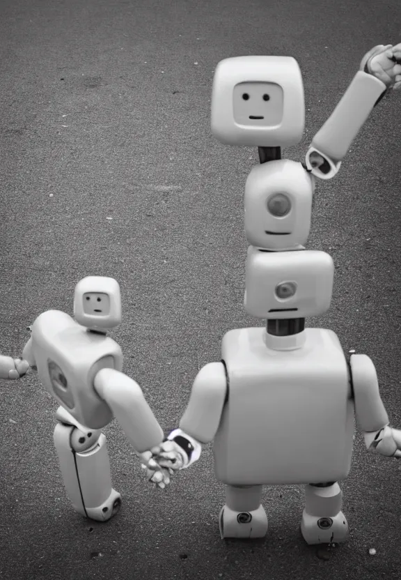 Image similar to a sad photograph two robots point a finger to each other, large shot, wide shot, in a street