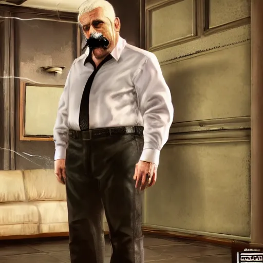 Image similar to a midage italian male, short black hair with gel, sharp teeth, overweight, fine white shirt, leather belt, black pants, leather shoes, smoking a cigar, full body, isolated background, gta v style, concept art, highly detailed, hyper realistic, unreal engine