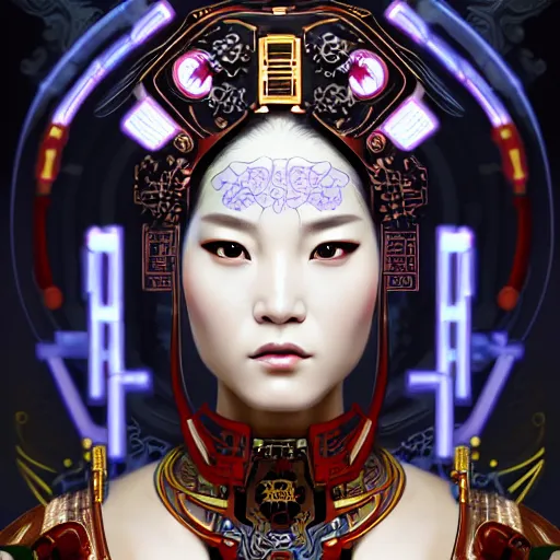 Image similar to a portrait of a female cyberpunk machine, machine face, upper half portrait, decorated with chinese opera motifs, asian, fine china, wuxia, traditional chinese art, intricate, elegant, highly detailed, symmetry, headpiece, digital painting, artstation concept art smooth sharp focus, illustration, art by artgerm and greg rutkowski alphonse mucha 8 k