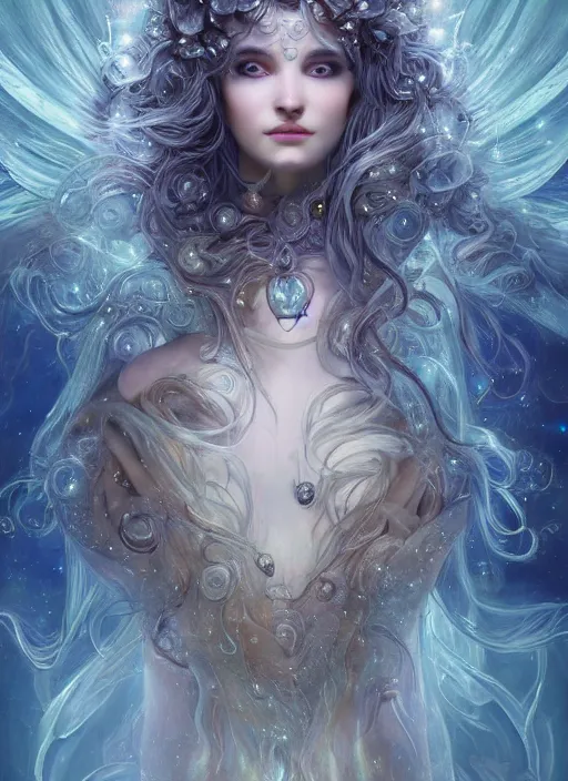 Prompt: a photographic portrait of a esoteric goddess elemental sprite created out of starlight and mist, cinematic, volumetric lighting, beautiful fantasy, intricate, elegant, highly detailed, digital painting, artstation, concept art, smooth, sharp focus, illustration, art by ayami kojima, artgerm and h r giger and alphonse mucha