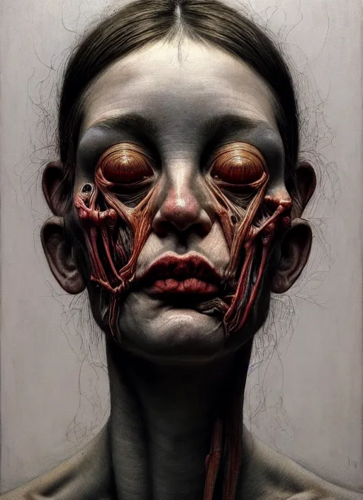 Image similar to there is ugliness in beauty, but there is also beauty in ugliness detailed portrait painting inspired by beksinski and alex gray, accurate anatomy, vintage, by jenny saville, edward hopper trending on artstation. 8 k