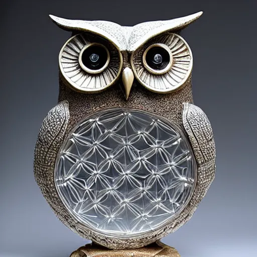 Prompt: symmetrical detailed sculpture of an owl, made of crystal