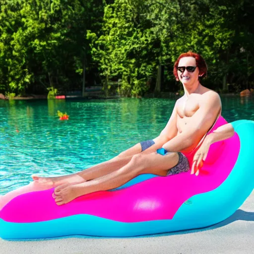 Prompt: Loki sitting on a flamingo pool float in a beautiful lake wearing colorful stockings