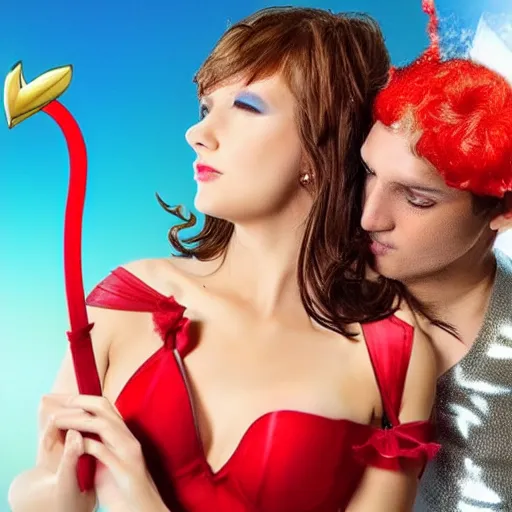 Prompt: cupid shoots his arrow right into a super hot woman's eye