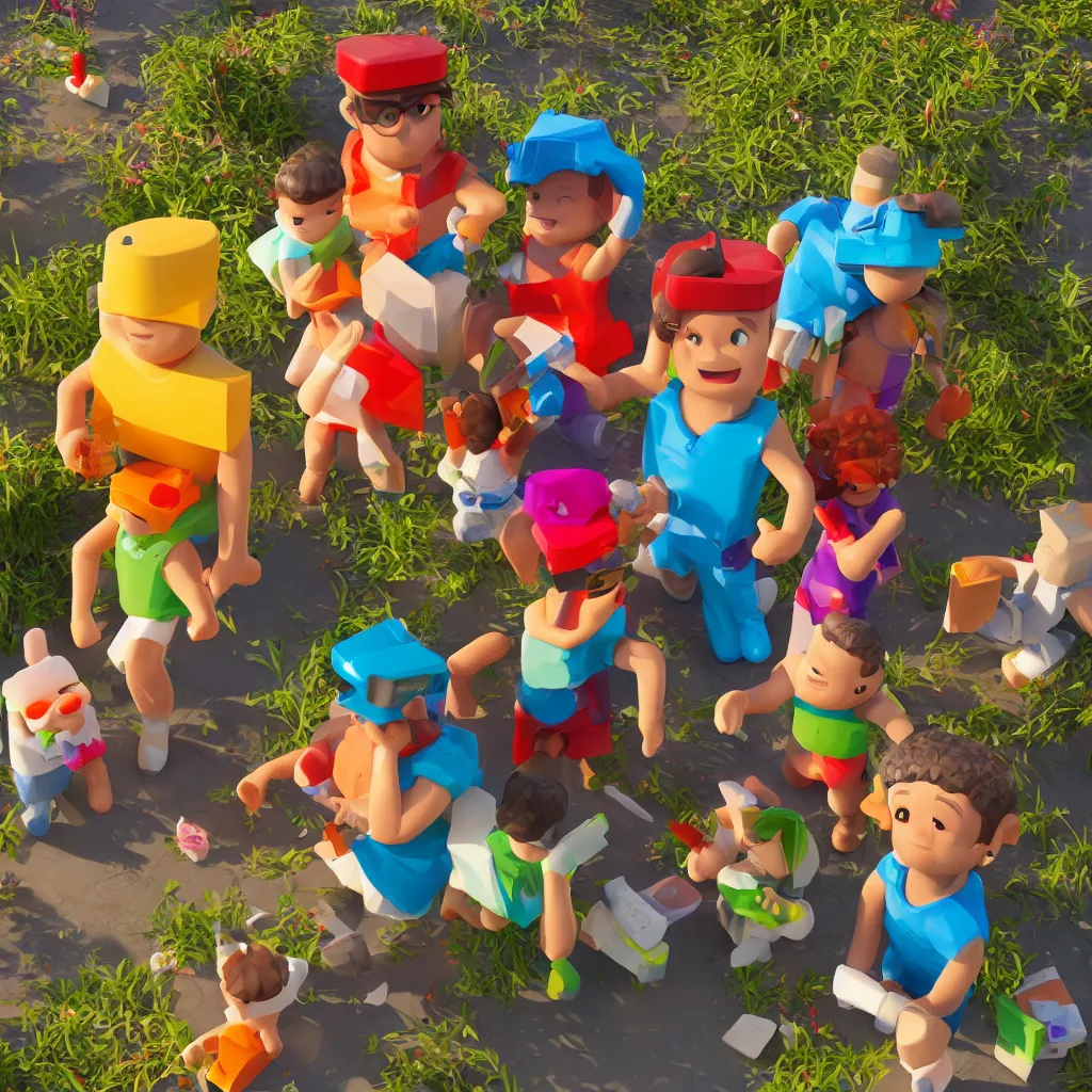 Prompt: highly detailed 3d render of boy, girl and roblox figure outside in the sun, box shapes, bright colors, octane render, trending, artstation