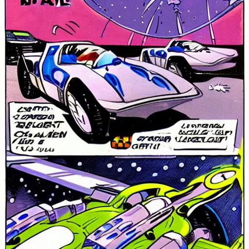 Image similar to male alien racing drivers, space, comic, racers, retro, 70s, alien